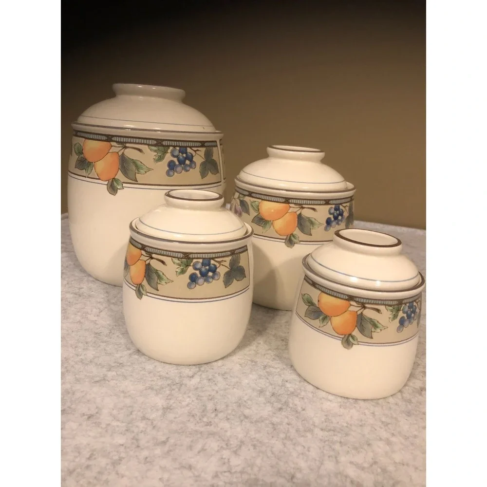 Vintage Mikasa Intaglio Garden Harvest 4 Canister Set w/ Lids (8-pcs)